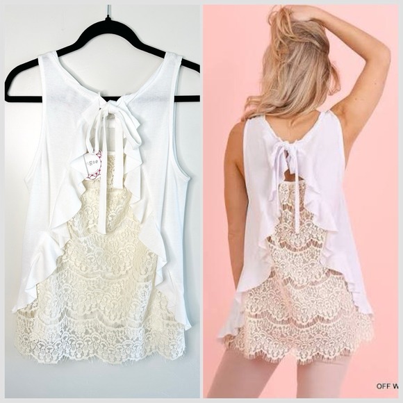 Umgee Tops - Umgee Boho Lace Tank Top S White Open Tie Back Ruffle Cottagecore Romantic‎ NWT